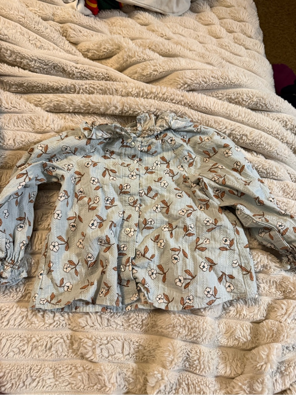 Zara Light Blue Floral Ruffle Collar Button-Up Top